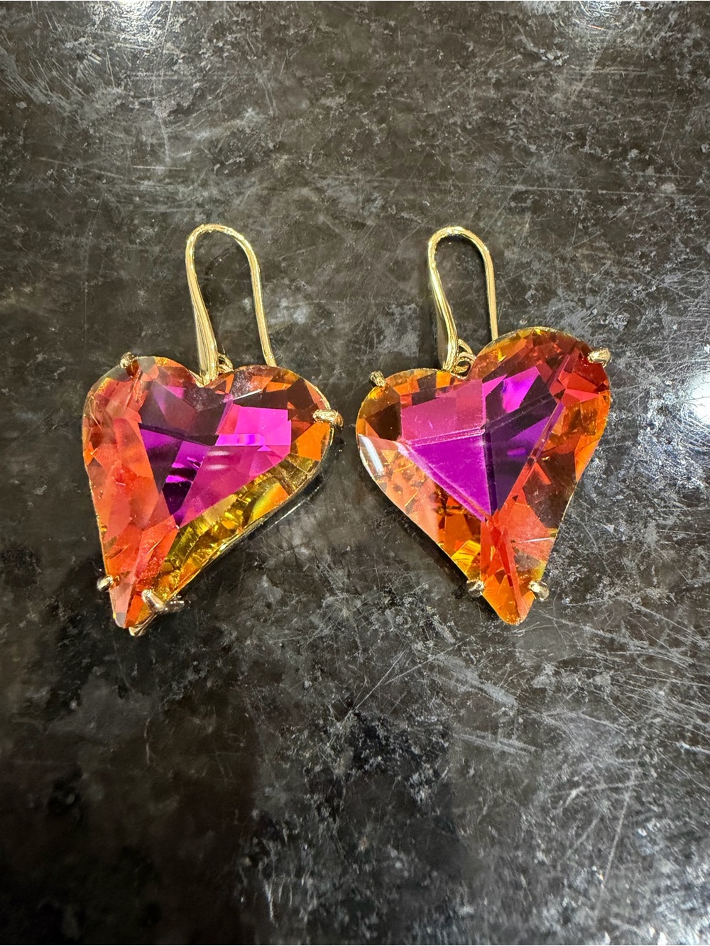 Gold Heart Drop Earrings with Orange-Pink Crystal